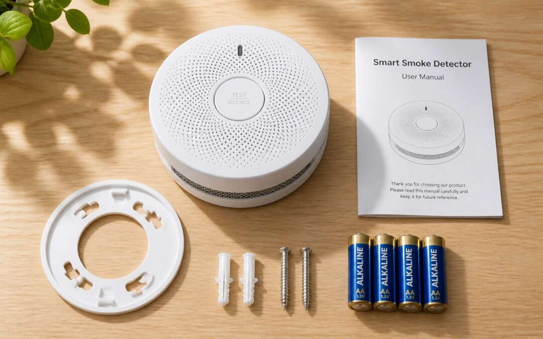 Smoke detector kit for home safety, easy installation, and reliable fire alarm.